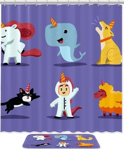 Unicorn Animal Purple Shower Curtain with Complementary Mat