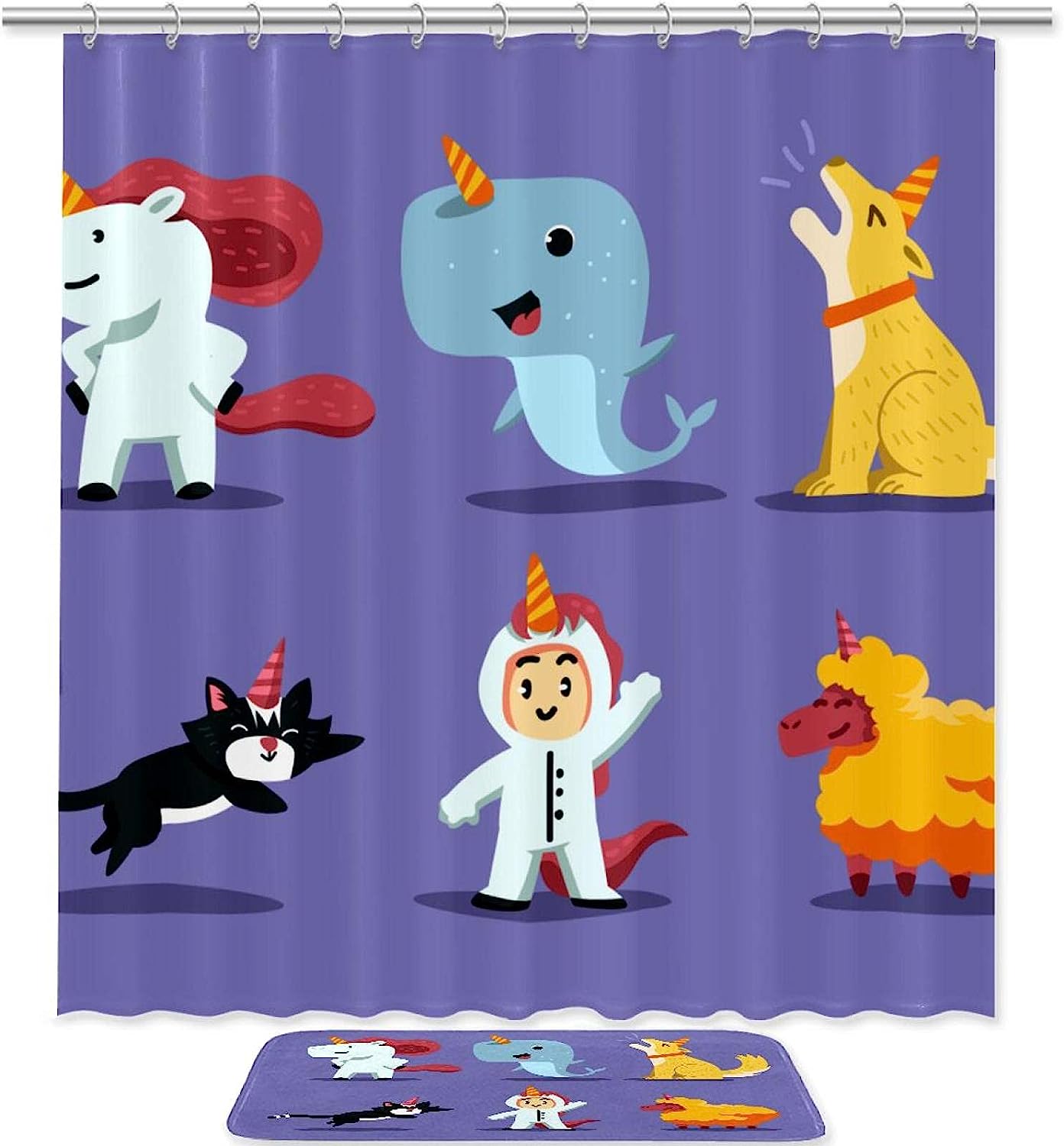 Unicorn Animal Purple Shower Curtain with Complementary Mat