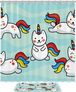 Unicorn Cat Blue Shower Curtain with Waterproof Bathroom Decors