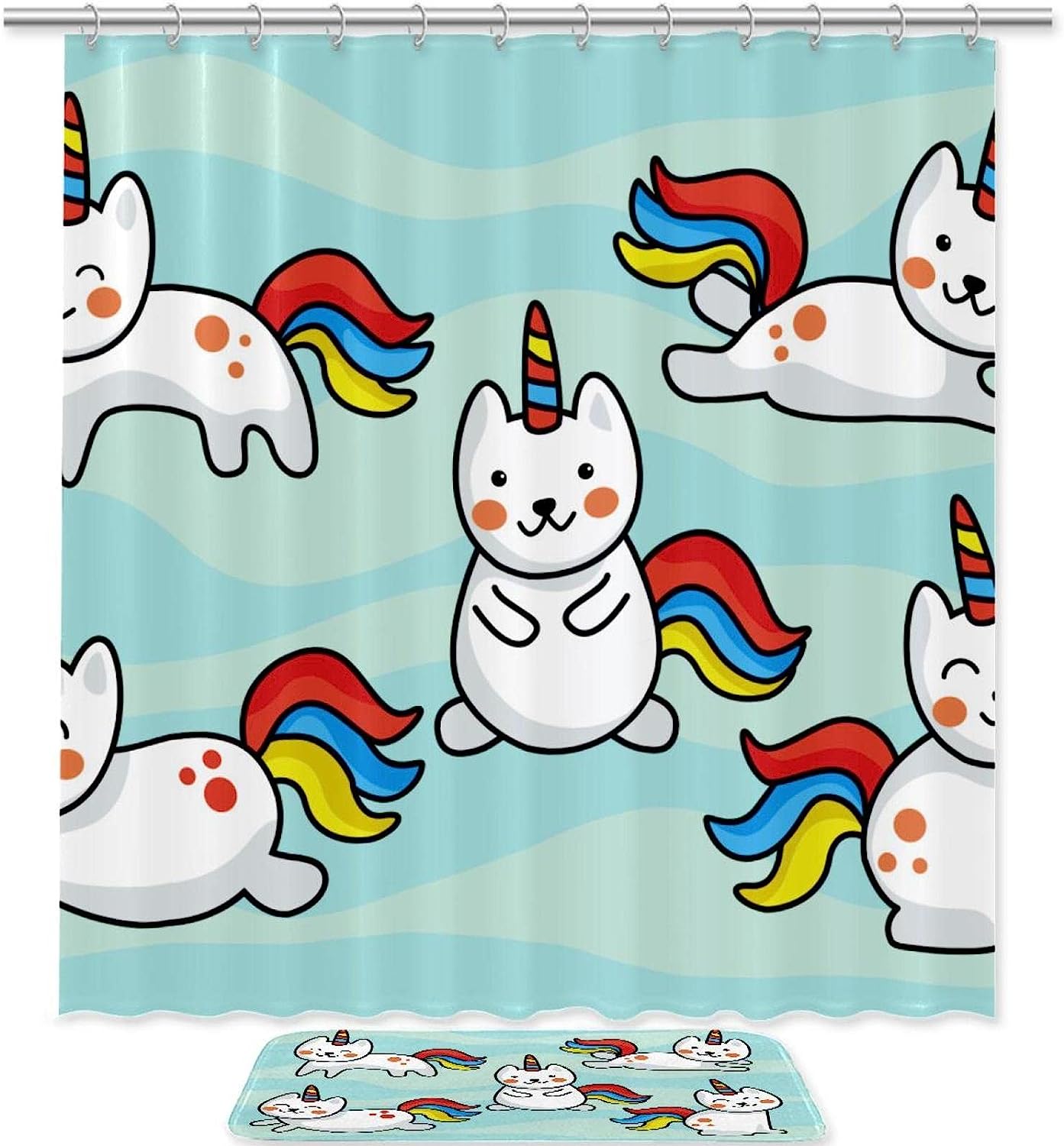 Unicorn Cat Blue Shower Curtain with Waterproof Bathroom Decors