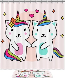 Unicorn Cats Couple Shower Curtain with Complementary Mat