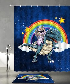 Unicorn Dinosaur Shower Curtain with Funny Rainbow Fantasy Galaxy for Cool Kids Bathroom Decor 
