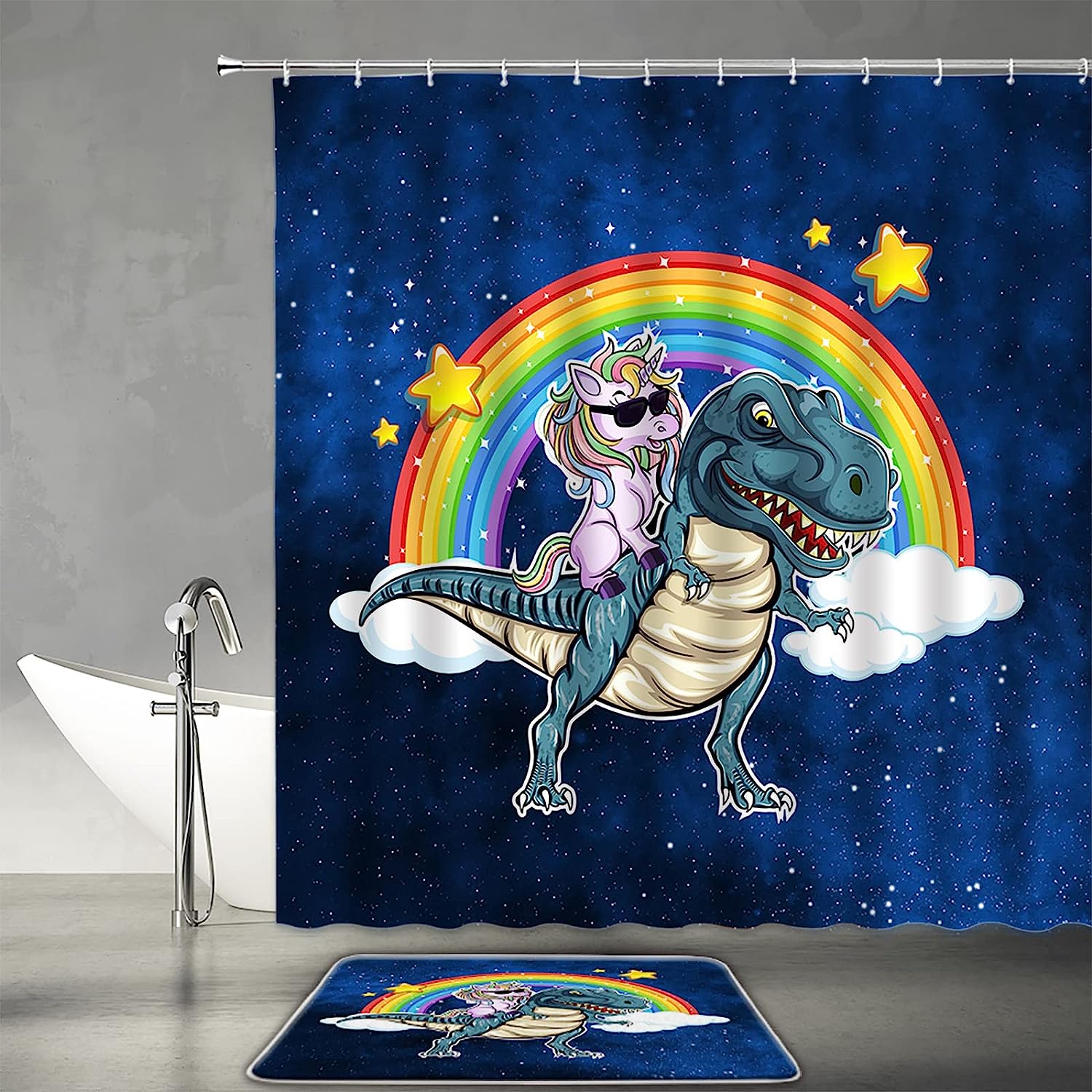 Unicorn Dinosaur Shower Curtain with Funny Rainbow Fantasy Galaxy for Cool Kids Bathroom Decor