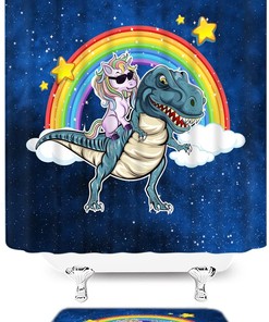 Unicorn Dinosaur Shower Curtain with Funny Rainbow Fantasy Galaxy for Cool Kids Bathroom Decor