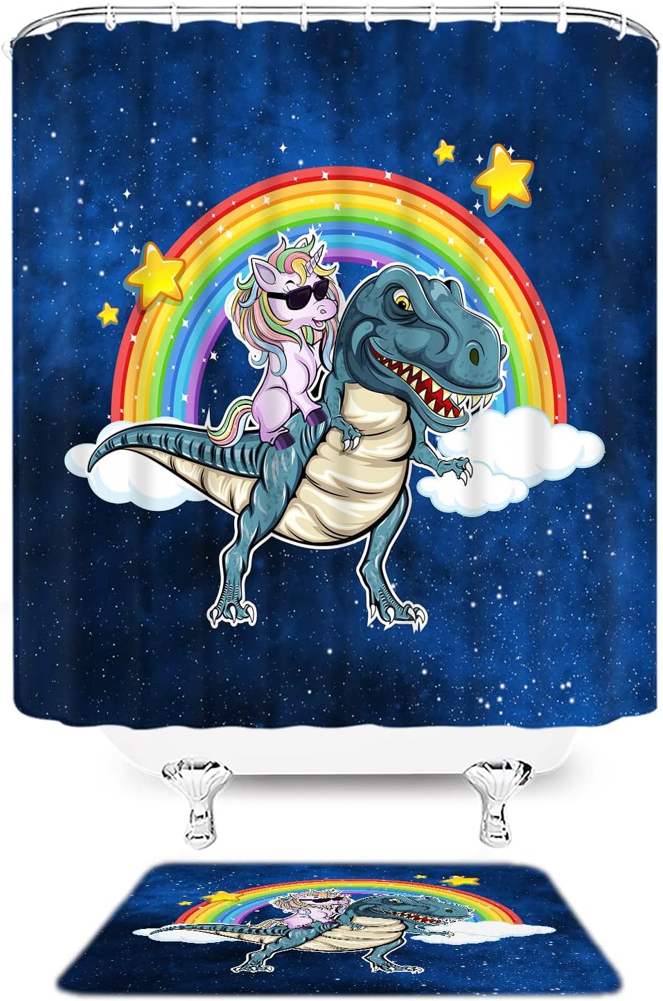Unicorn Dinosaur Shower Curtain with Funny Rainbow Fantasy Galaxy for Cool Kids Bathroom Decor