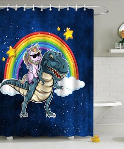 Unicorn Dinosaur Shower Curtain with Funny Rainbow Fantasy Galaxy for Cool Kids Bathroom Decor