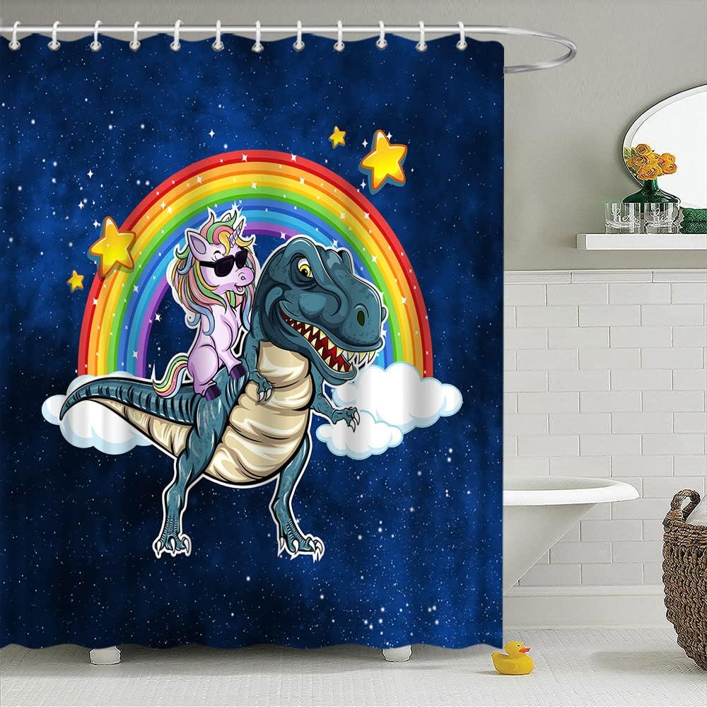 Unicorn Dinosaur Shower Curtain with Funny Rainbow Fantasy Galaxy for Cool Kids Bathroom Decor