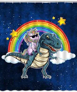 Unicorn Dinosaur Shower Curtain with Funny Rainbow Fantasy Galaxy for Cool Kids Bathroom Decor
