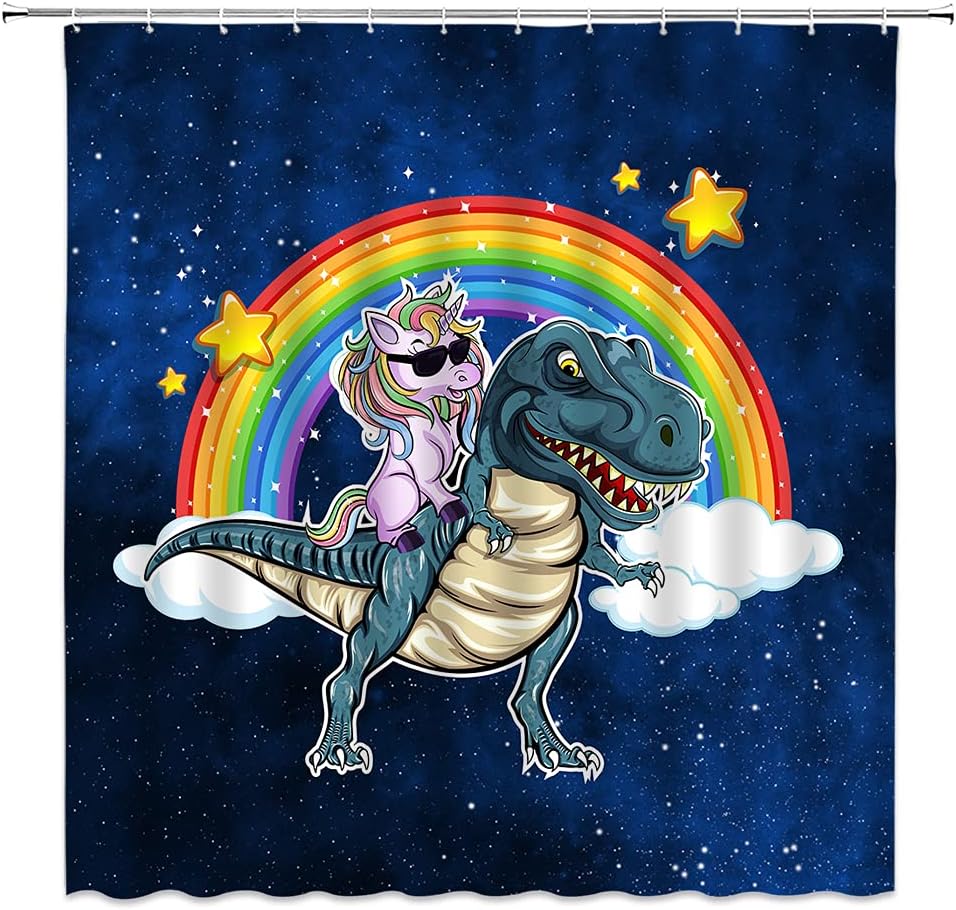 Unicorn Dinosaur Shower Curtain with Funny Rainbow Fantasy Galaxy for Cool Kids Bathroom Decor