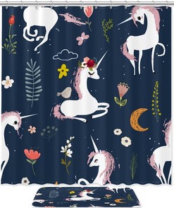 Unicorn Flower Leaves Bathroom Accessories Set With Waterproof Fabric Shower Curtain And Mat