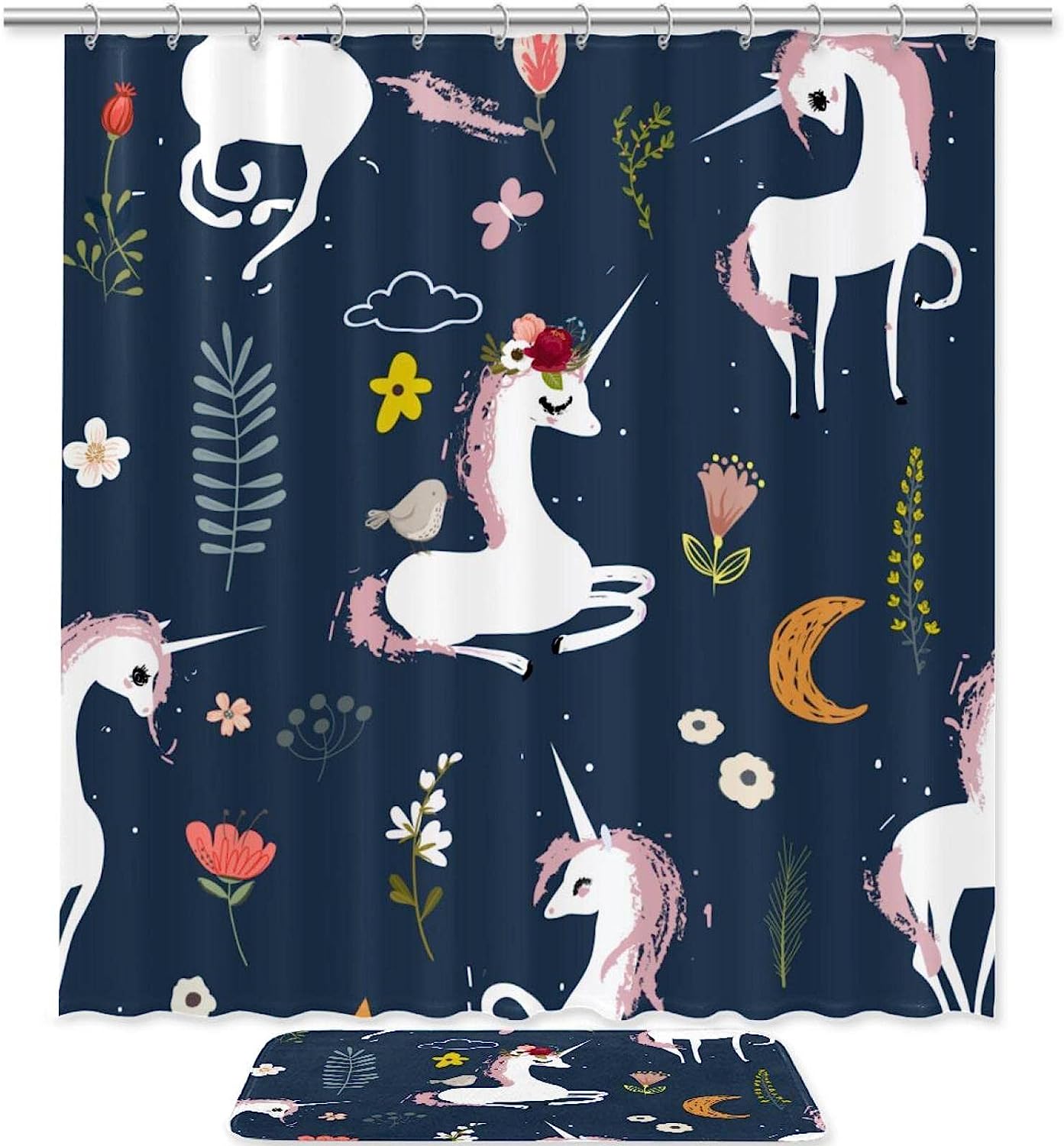 Unicorn Flower Leaves Bathroom Accessories Set With Waterproof Fabric Shower Curtain And Mat