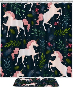 Unicorn Head and Floral Pattern Shower Curtain for Girly Bathroom Decor