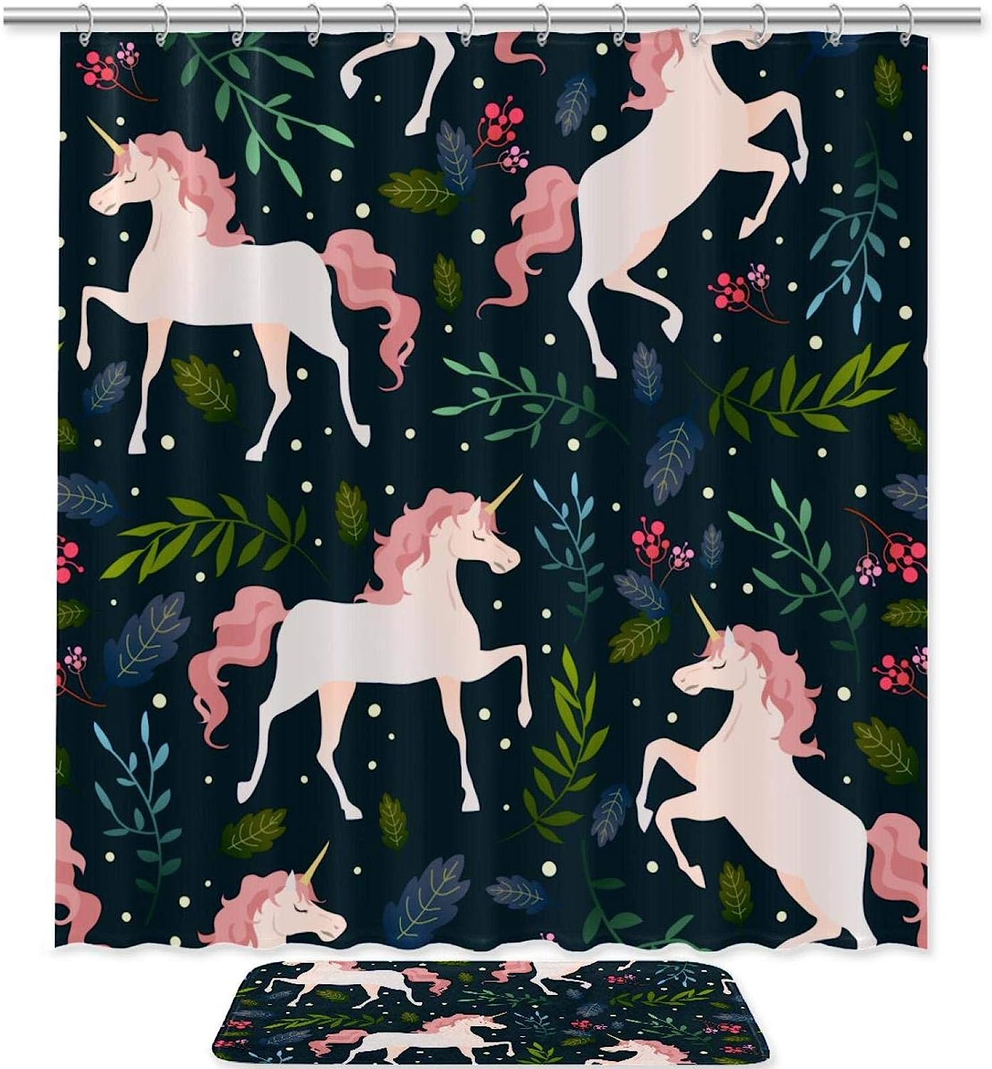Unicorn Head and Floral Pattern Shower Curtain for Girly Bathroom Decor