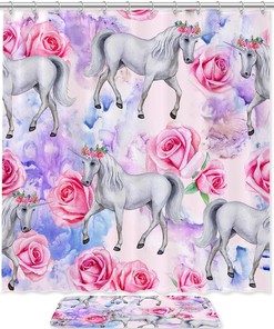 Unicorn Pink Rose Bathroom Accessories Set With Waterproof Fabric Shower Curtain And Mat
