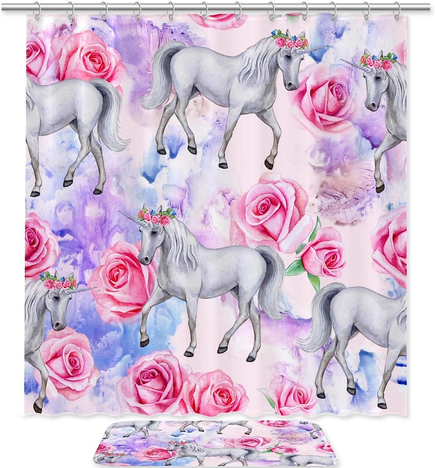Unicorn Pink Rose Bathroom Accessories Set With Waterproof Fabric Shower Curtain And Mat