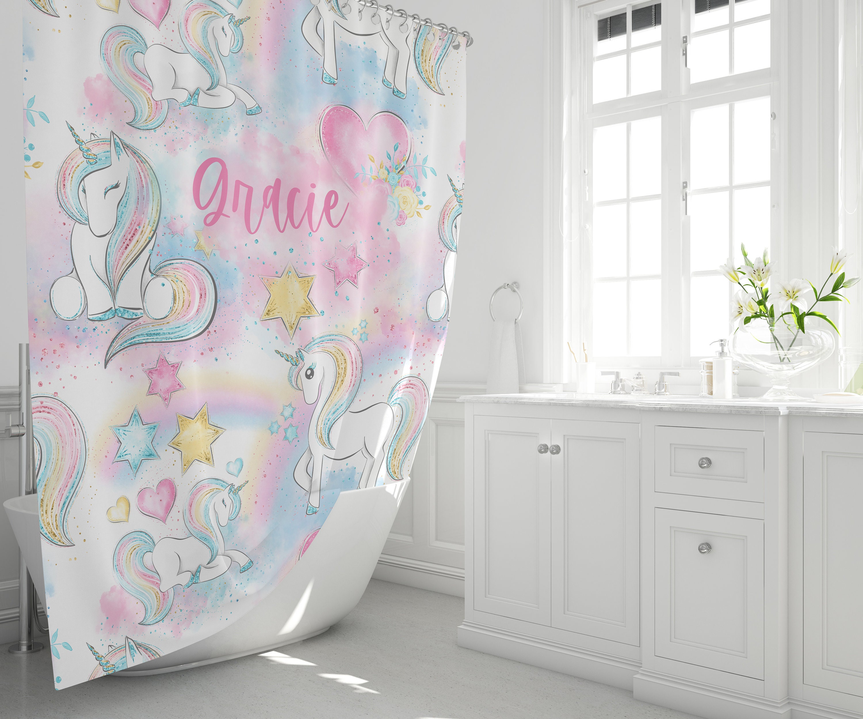 Unicorn Rainbow Shower Curtain for a Whimsical Girl's Bathroom