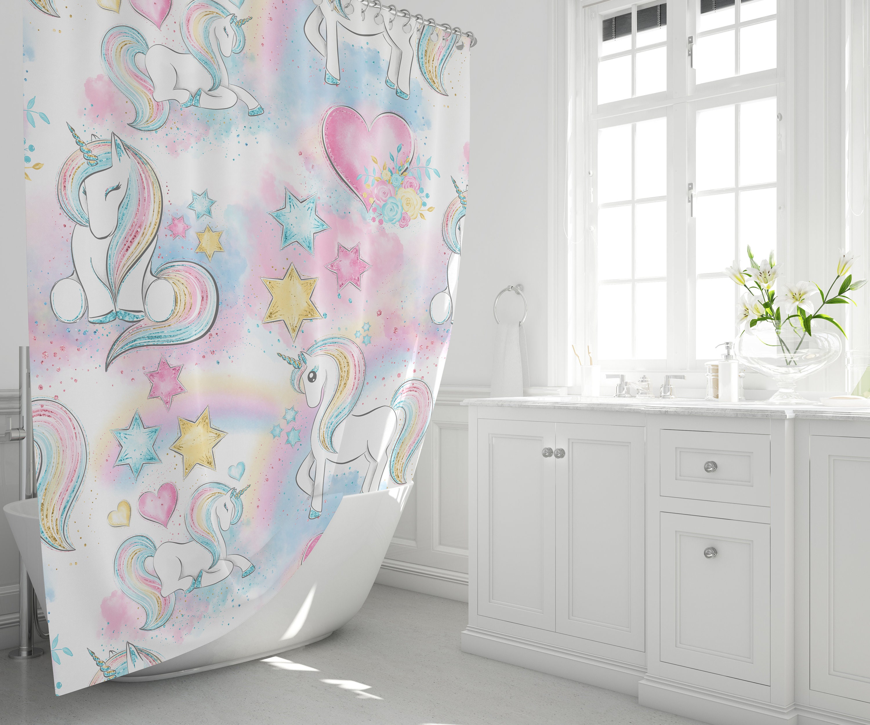 Unicorn Rainbow Shower Curtain for a Whimsical Girl's Bathroom