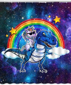 Unicorn Riding Dinosaur Shower Curtain, Fantasy Animal Bathroom Decor
