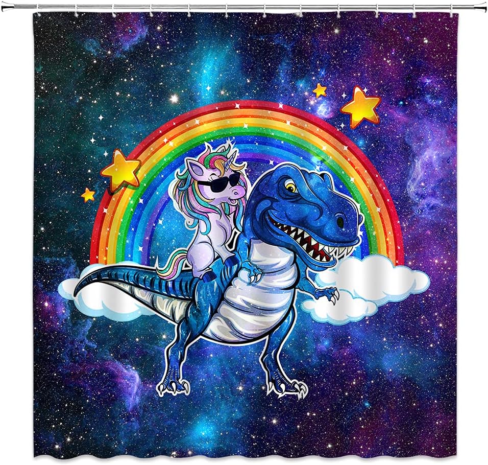 Unicorn Riding Dinosaur Shower Curtain, Fantasy Animal Bathroom Decor