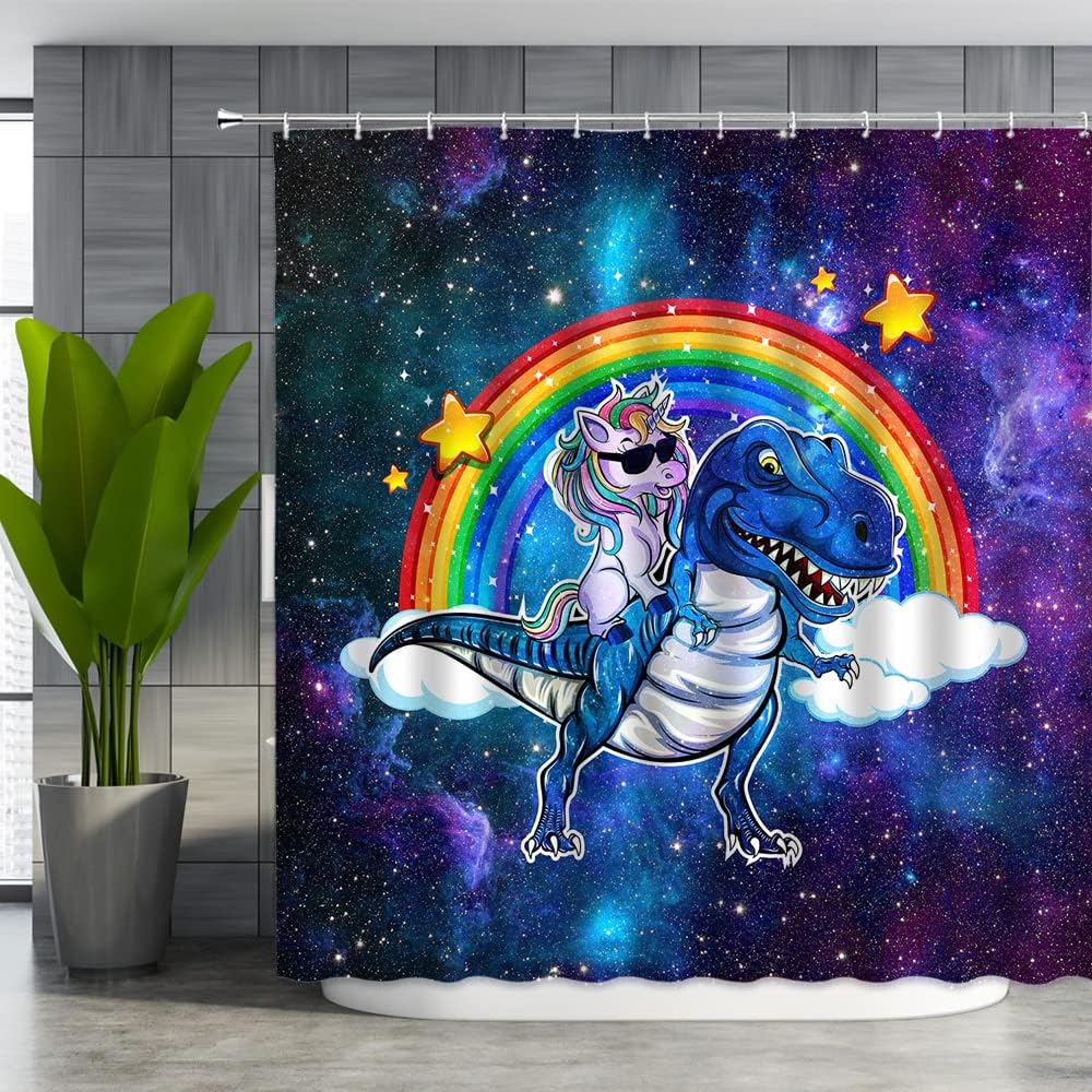 Unicorn Riding Dinosaur Shower Curtain, Fantasy Animal Bathroom Decor - Image 2