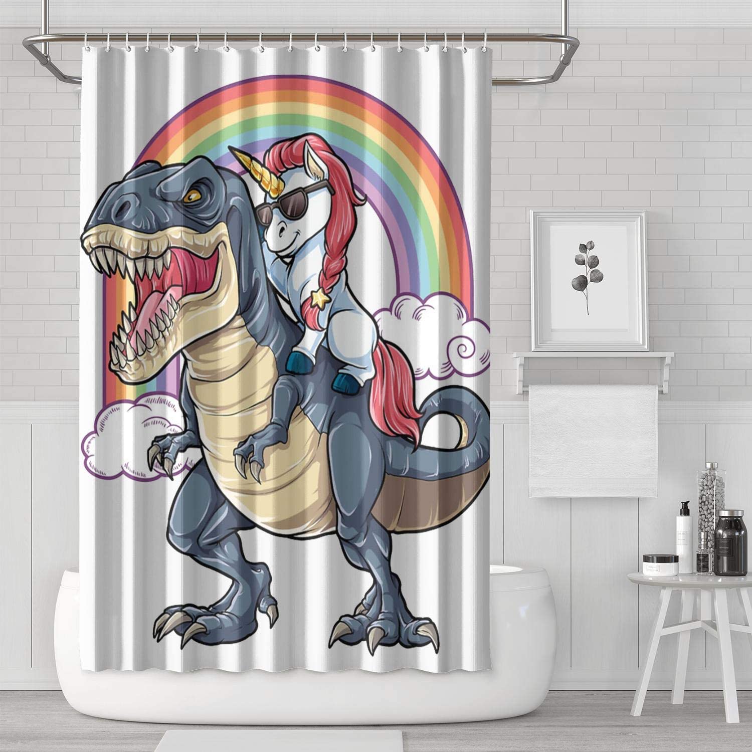 Unicorn Riding Dinosaur T-Rex Heavy Bathroom Curtain - Quirky And Cool Bathroom Decor