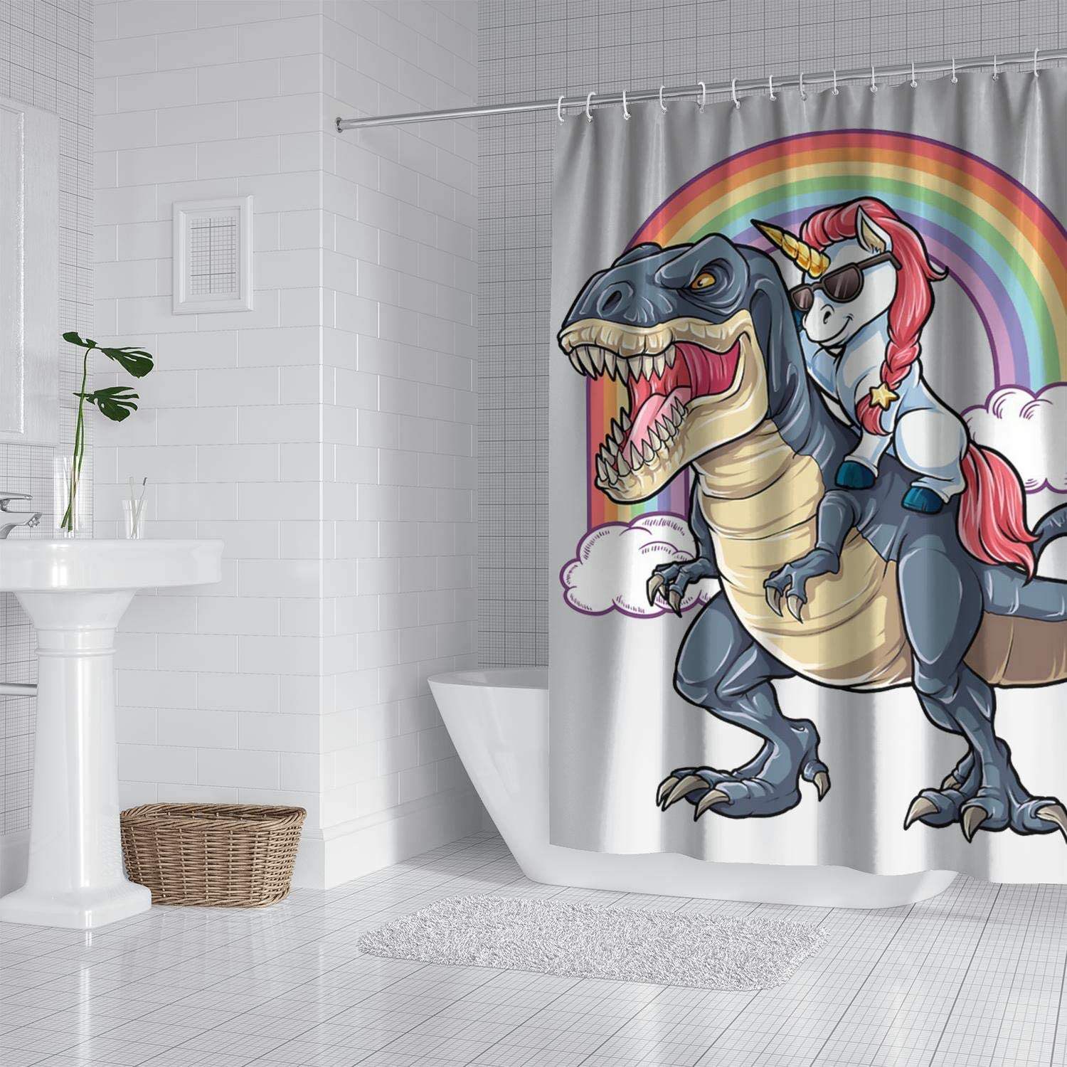 Unicorn Riding Dinosaur T-Rex Heavy Bathroom Curtain - Quirky And Cool Bathroom Decor - Image 2