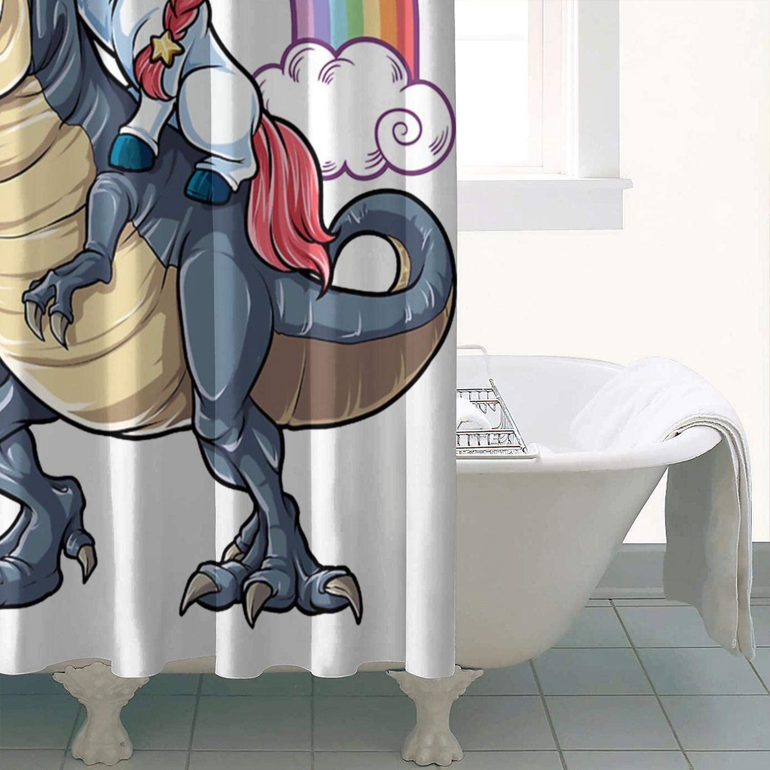 Unicorn Riding Dinosaur T-Rex Heavy Bathroom Curtain - Quirky And Cool Bathroom Decor - Image 3
