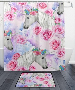Unicorn Roses Luxury Shower Curtain, Waterproof Bathroom Decor