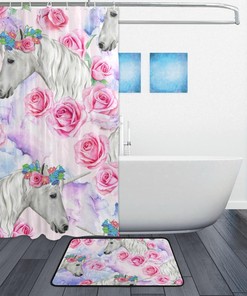 Unicorn Roses Luxury Shower Curtain, Waterproof Bathroom Decor