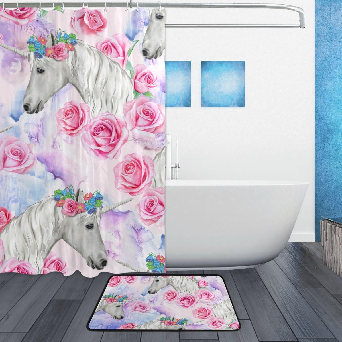 Unicorn Roses Luxury Shower Curtain, Waterproof Bathroom Decor