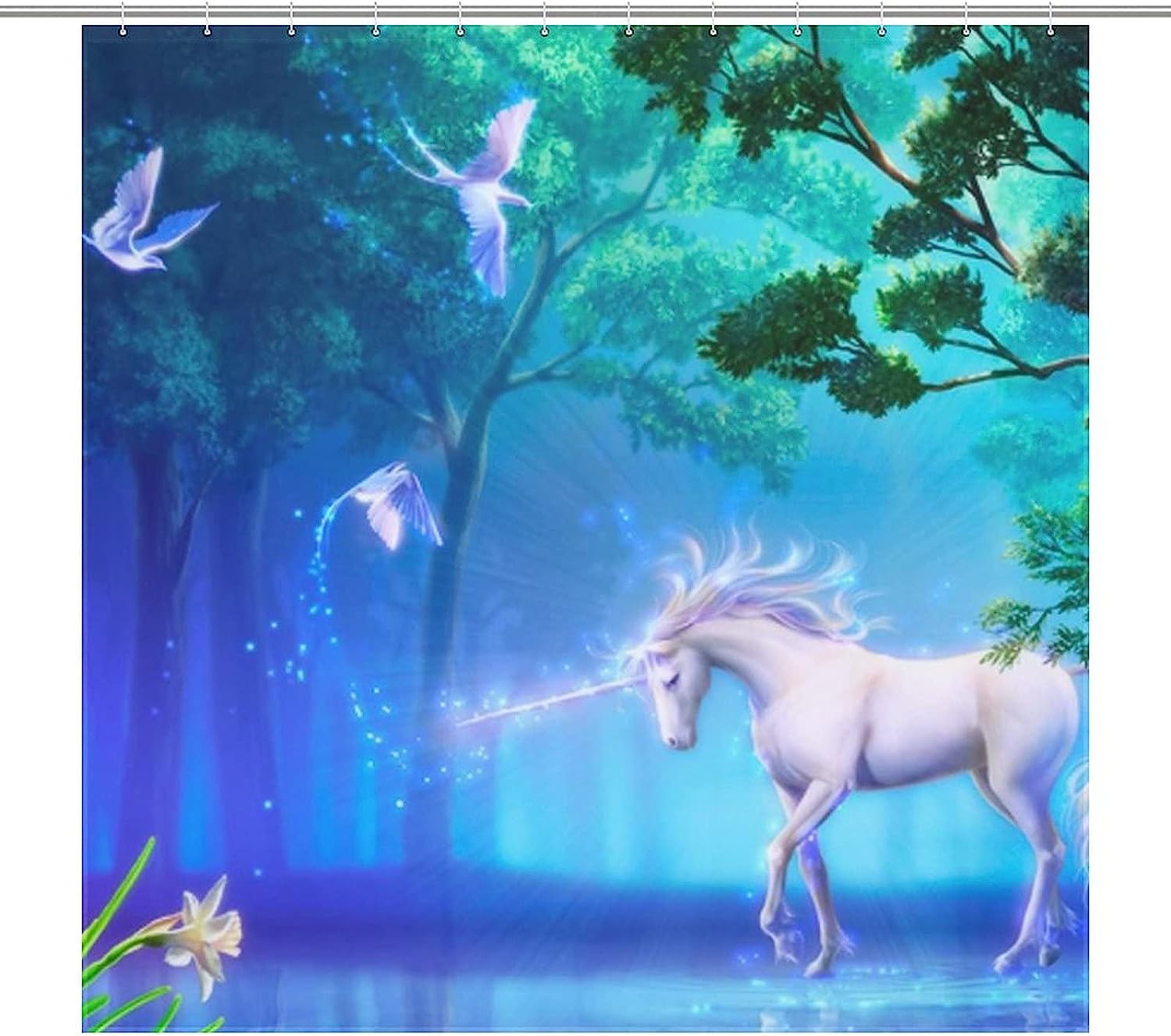 Unicorn Shower Curtain In Enchanted Forest, Magical Bathroom Decorr