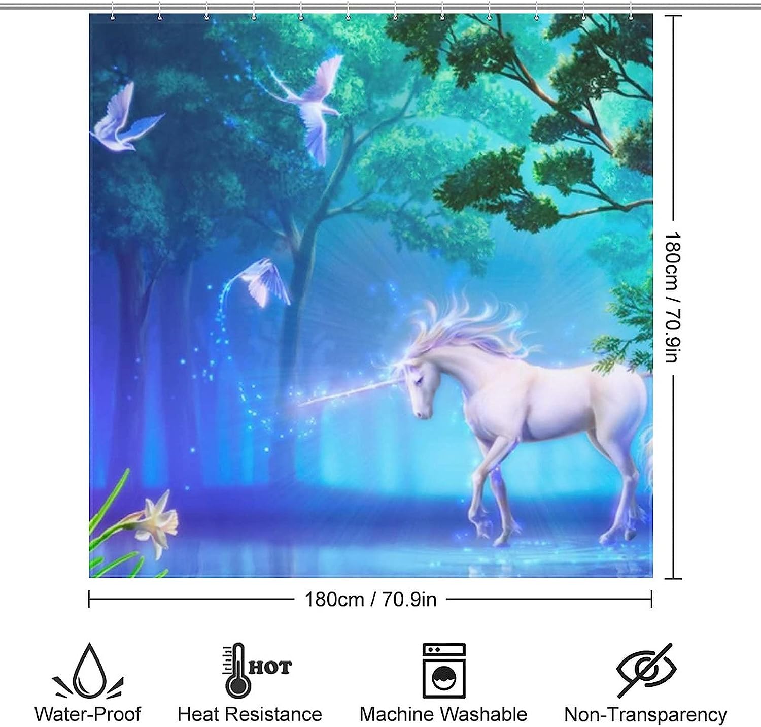 Unicorn Shower Curtain In Enchanted Forest, Magical Bathroom Decorr
