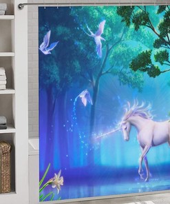 Unicorn Shower Curtain In Enchanted Forest, Magical Bathroom Decorr