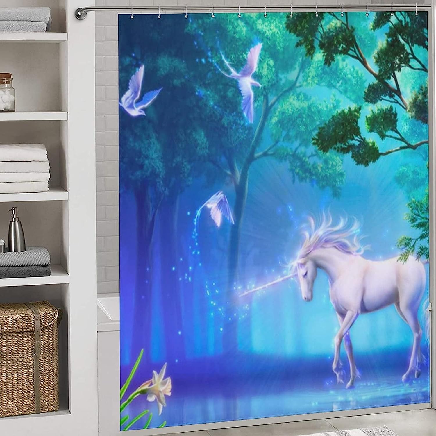 Unicorn Shower Curtain In Enchanted Forest, Magical Bathroom Decorr