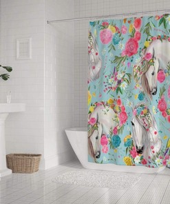 Unicorn Watercolor Flowers Restroom Shower Curtains, Waterproof Fabric