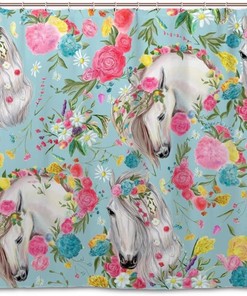 Unicorn Watercolor Flowers Restroom Shower Curtains, Waterproof Fabric