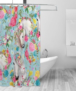 Unicorn Watercolor Flowers Restroom Shower Curtains, Waterproof Fabric
