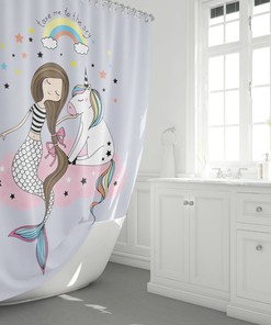 Unicorn and Mermaid Combination Print Shower Curtain for Girls