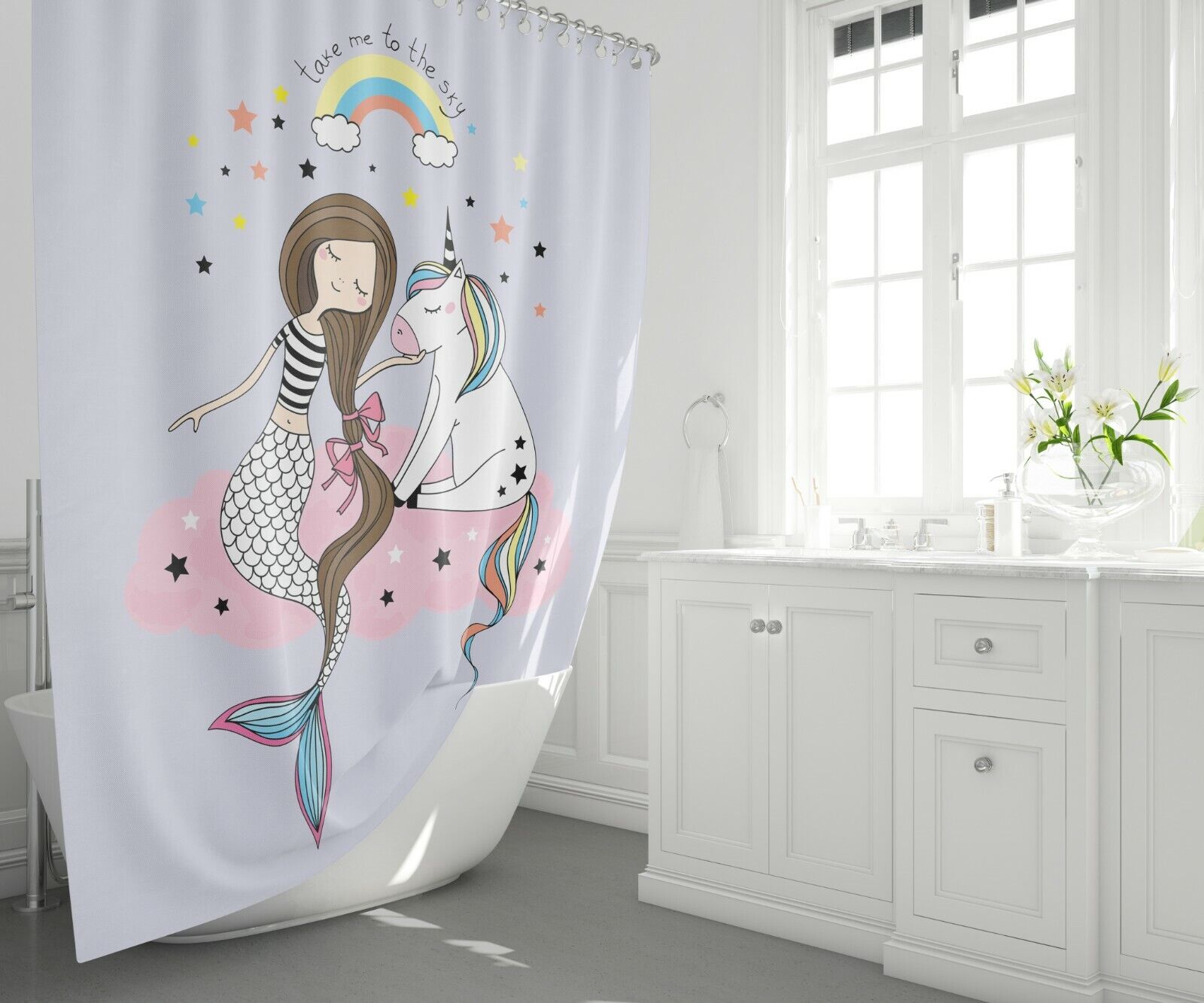 Unicorn and Mermaid Combination Print Shower Curtain for Girls