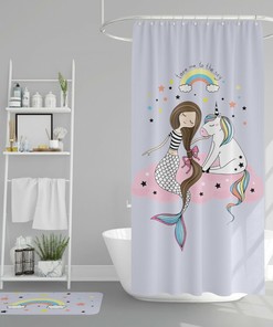 Unicorn and Mermaid Combination Print Shower Curtain for Girls