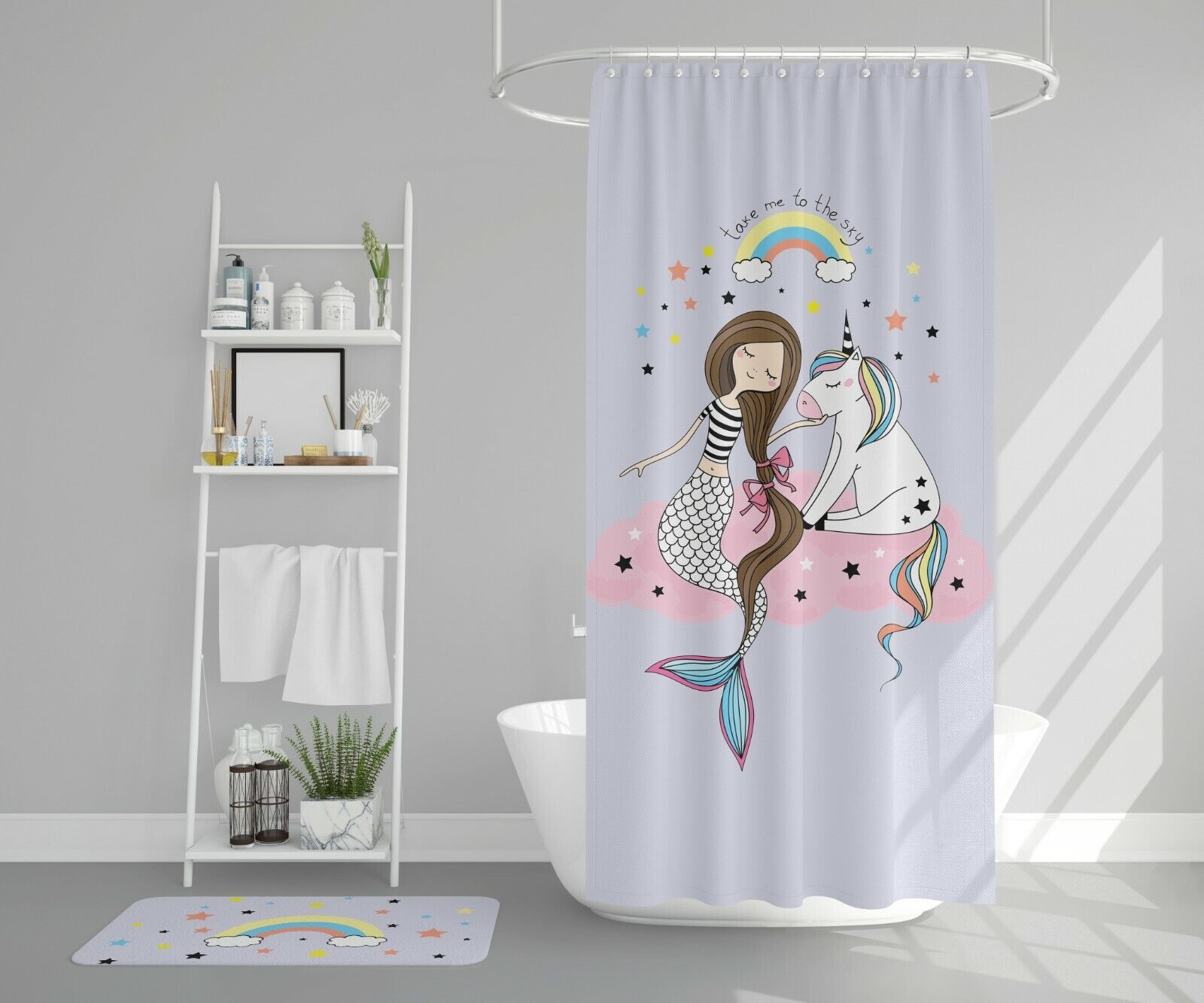 Unicorn and Mermaid Combination Print Shower Curtain for Girls
