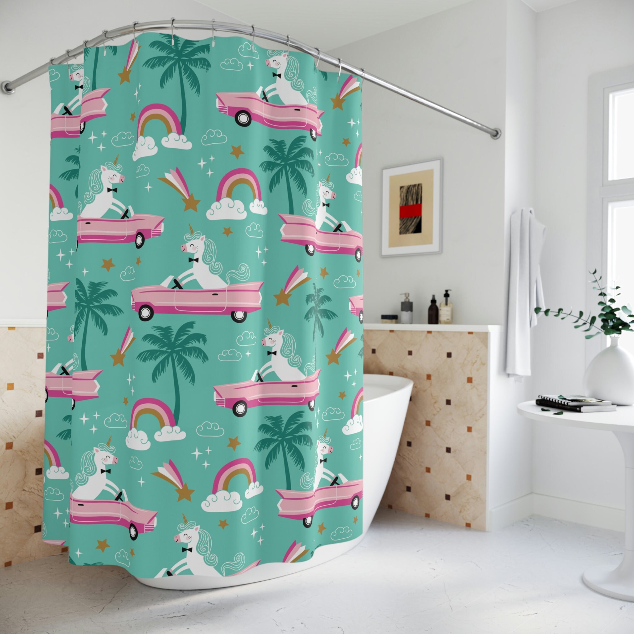 Unicorn in Car Print Shower Curtain for a playful and waterproof kids' bathroom