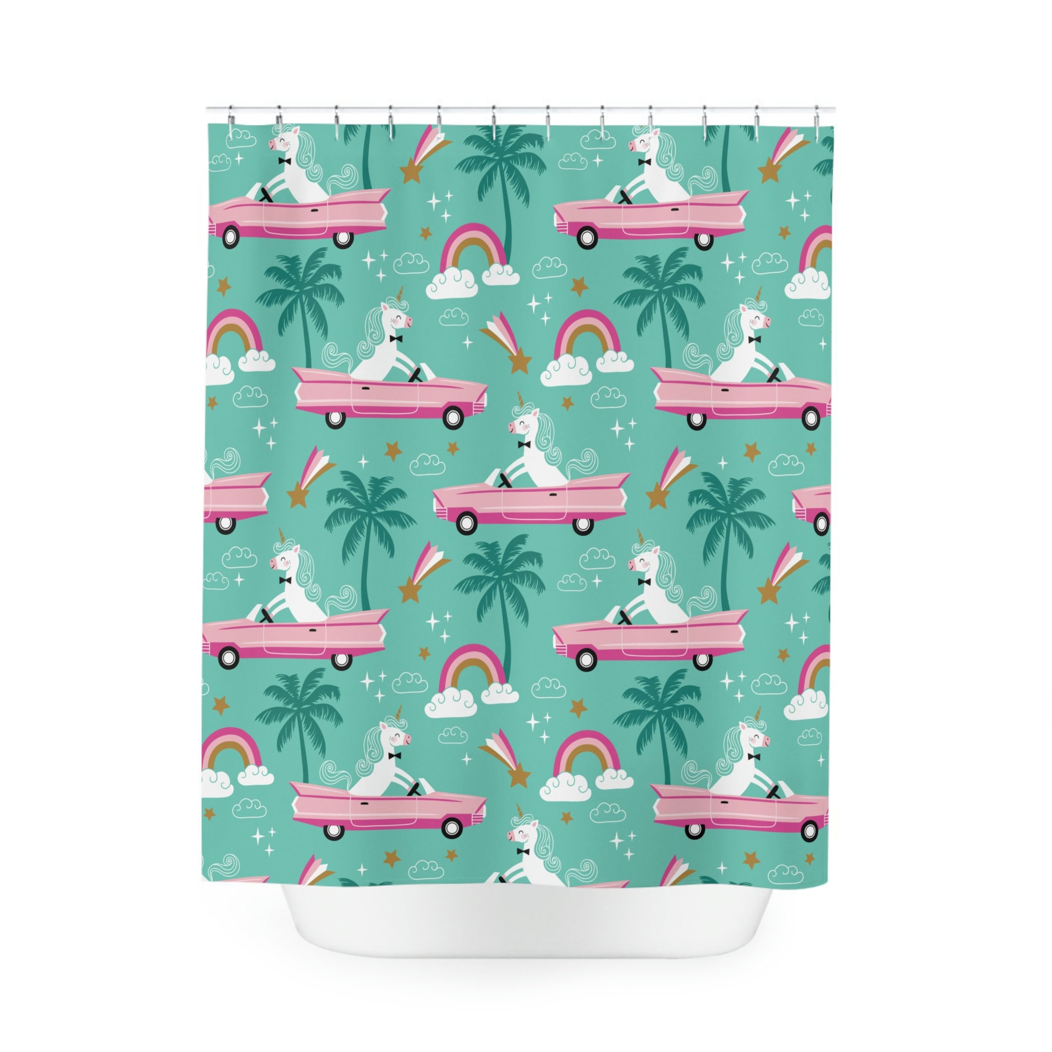 Unicorn in Car Print Shower Curtain for a playful and waterproof kids' bathroom
