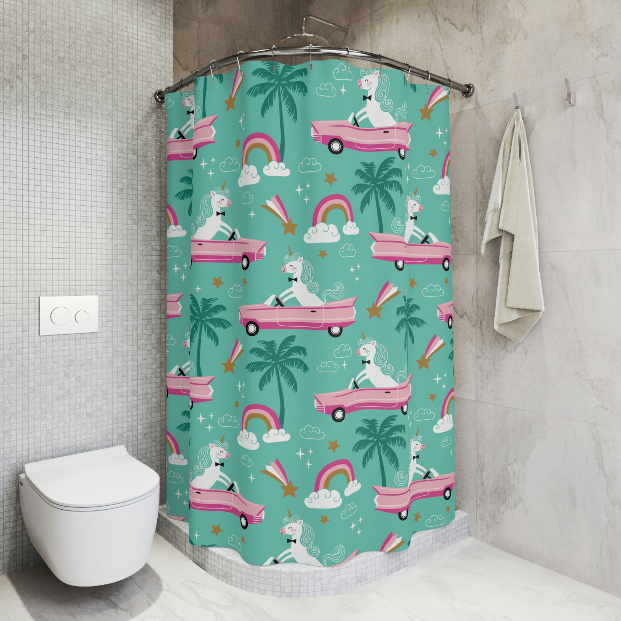 Unicorn in Car Print Shower Curtain for a playful and waterproof kids' bathroom