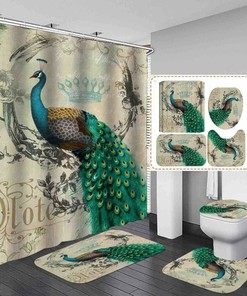 Unique 3D Animals Print Shower Curtain Set With Peacock Theme