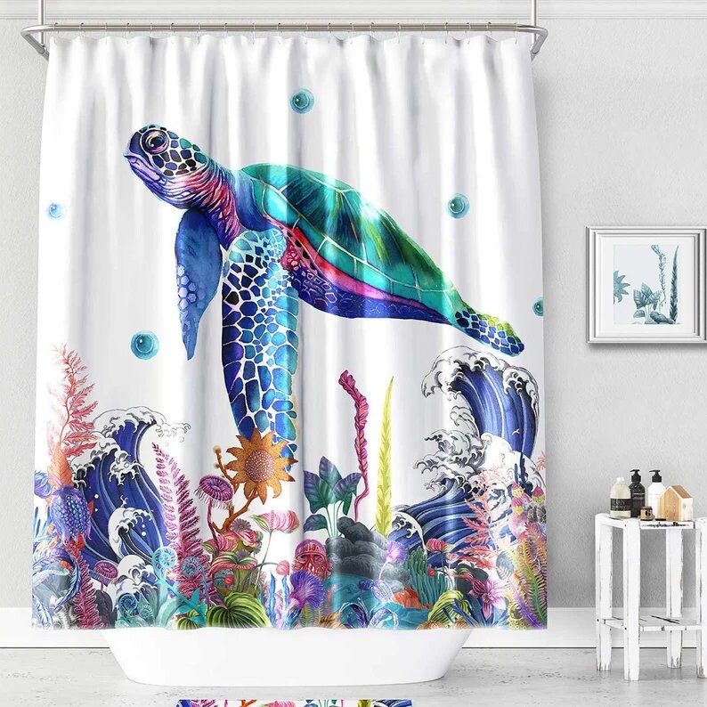 Unique 3D Bad Creativity Shower Curtain With Sea Turtle For Bathroom Decor - Image 2