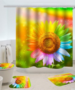 Unique 3D Sunflower Shower Curtain Anti-Slip Pedestal Lid Cover Set Decor