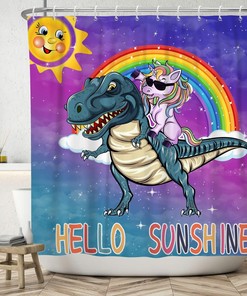 Unique And Cool Kids Bathroom Shower Curtain With Funny Unicorn Riding Dinosaur