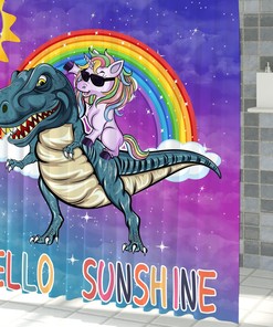 Unique And Cool Kids Bathroom Shower Curtain With Funny Unicorn Riding Dinosaur