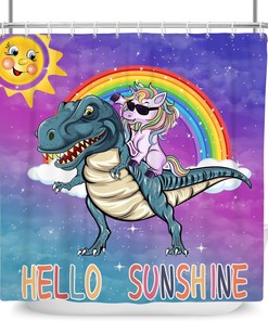 Unique And Cool Kids Bathroom Shower Curtain With Funny Unicorn Riding Dinosaur